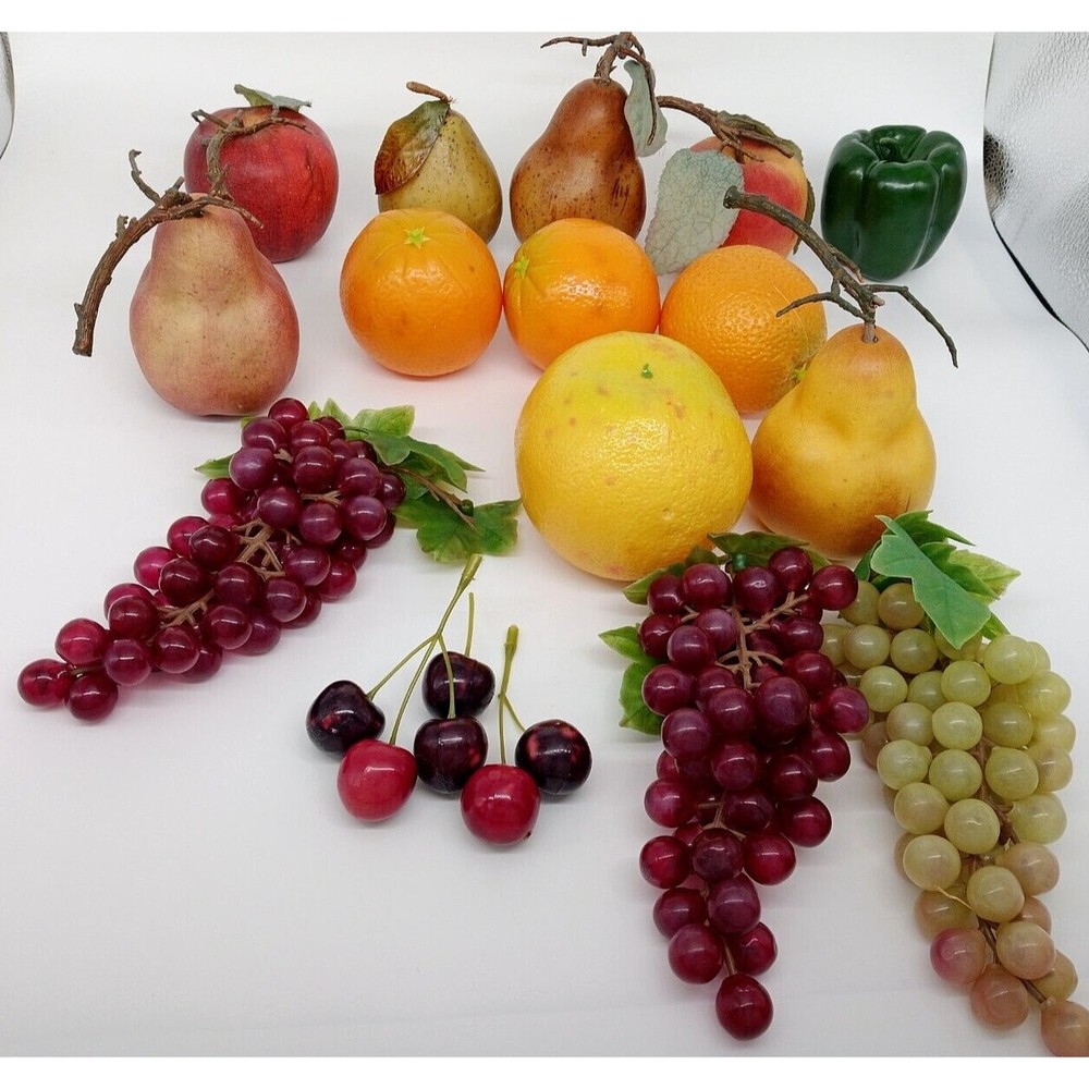 Faux Fruit Vegetable Lot of 16 Grapes Oranges Apples Plastic Rubber Mid Century